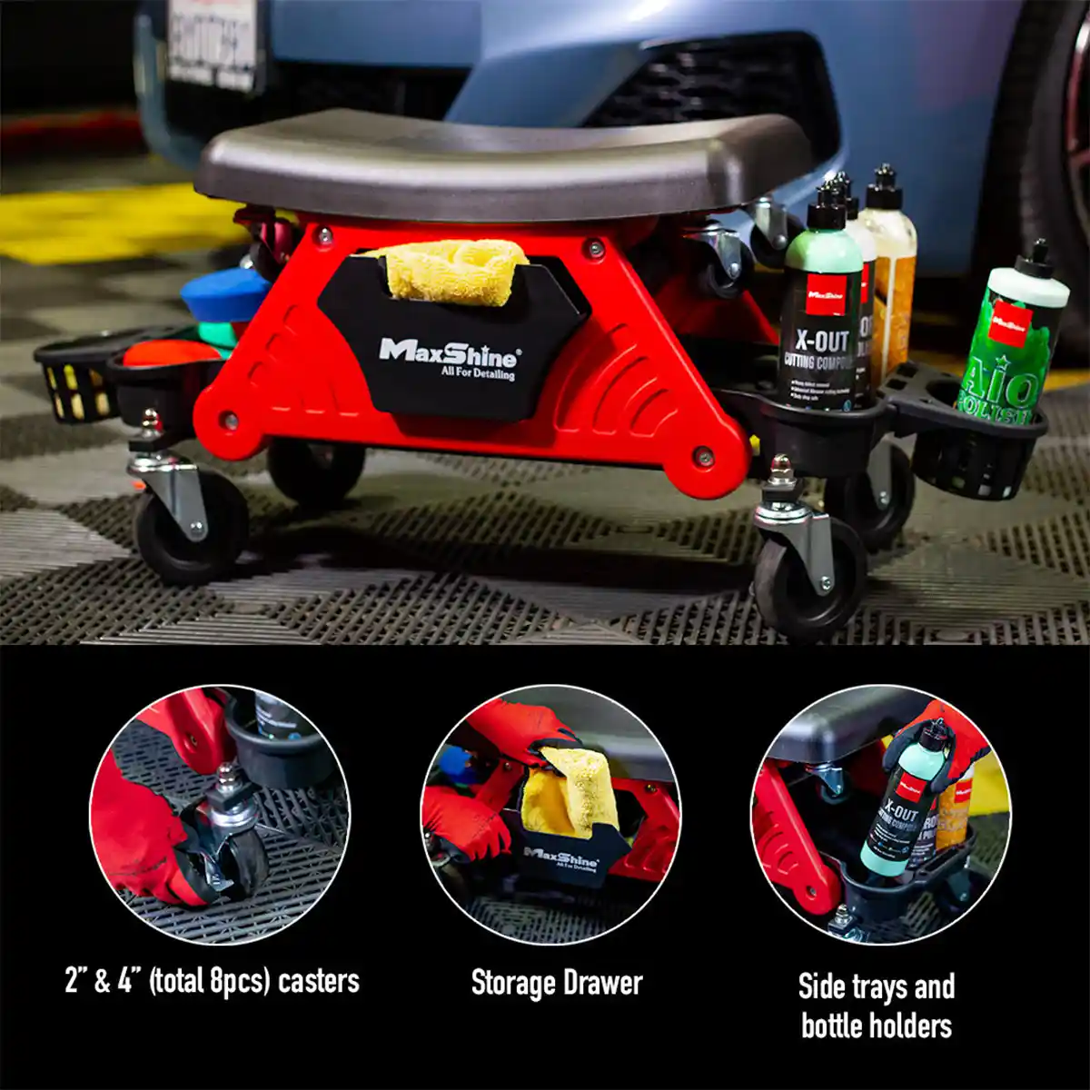 Sit on Detailing Creeper with Bottle Holder and Comfortable Seat for Car Detailing